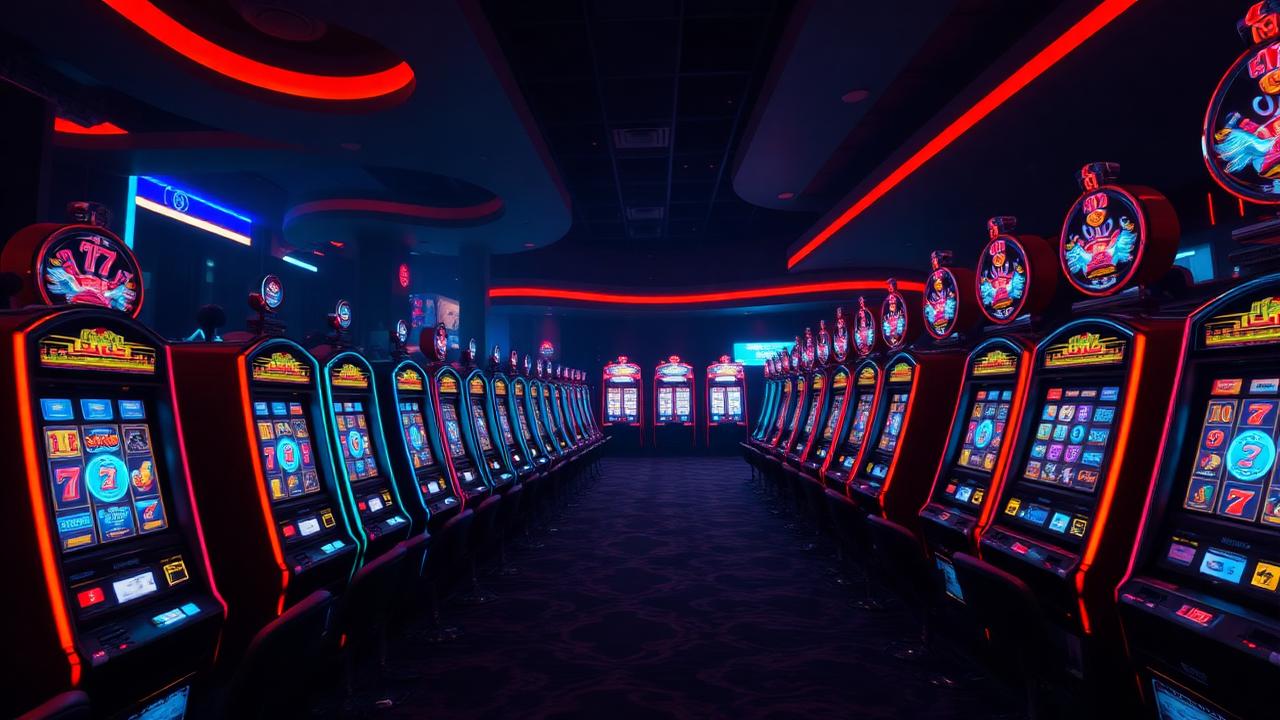 Rows of RoosterBet pokies machines glowing with red and teal neon