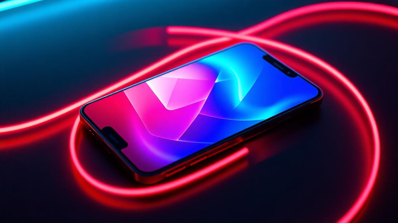A modern smartphone bathed in red and teal neon light