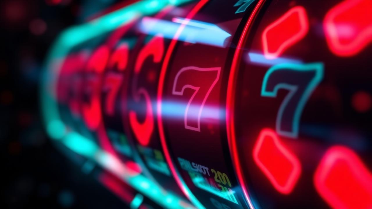 Close up of glowing pokies reels with red and teal neon